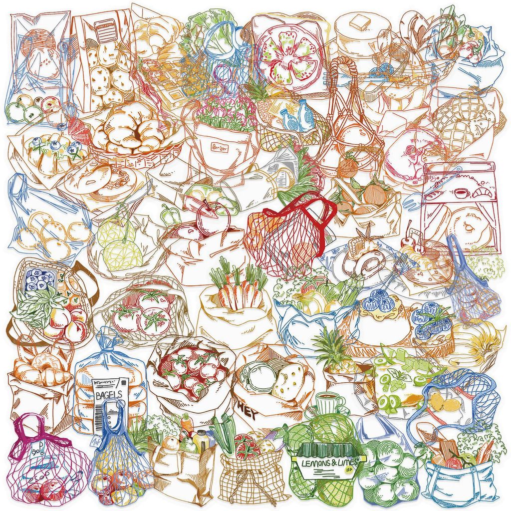 Food Snacks Drawing - สติกเกอร์กันน้ำ PET ลายอาหารสีสันสดใส 50 ชิ้น, ลายการ์ตูนขนมแบบมินิมอลสำหรับตกแต่งตามสั่ง