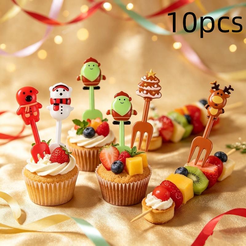 Xmas Food Snacks - ส้อมผลไม้สำหรับคริสต์มาส 10 ชิ้น เกรดอาหาร ลายการ์ตูนสโนว์แมน ซานตา