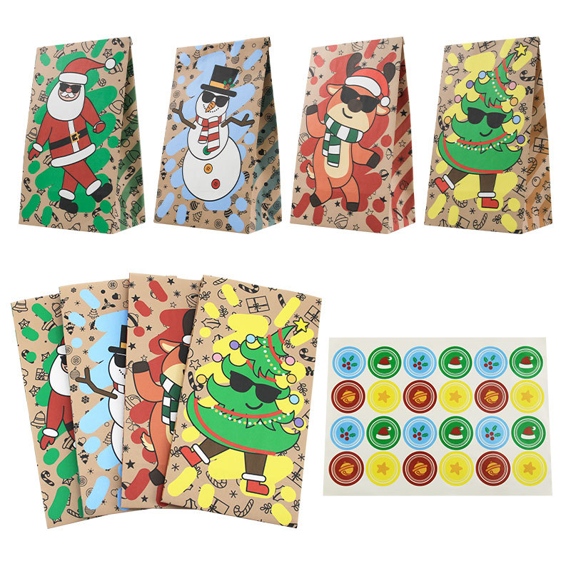 Xmas Food Snacks - ถุงกระดาษคริสต์มาส 24 ชิ้น ถุงของขวัญก้นสี่เหลี่ยมแบบใหม่ ถุงบรรจุขนม ขนมหวาน