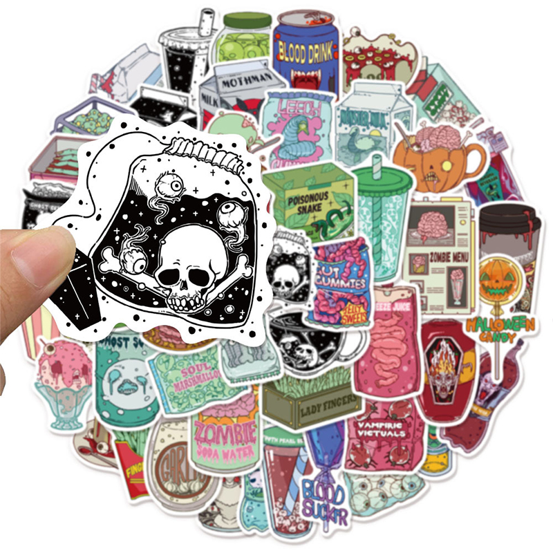 Zombie Snacks - 50PCS สติกเกอร์อาหารซอมบี้น่ารัก สติกเกอร์ขนมสยองขวัญ สติกเกอร์ฮาโลวีนสุดหลอน สติกเกอร์ไวนิลกันน้ำ ขวดน้ำ
