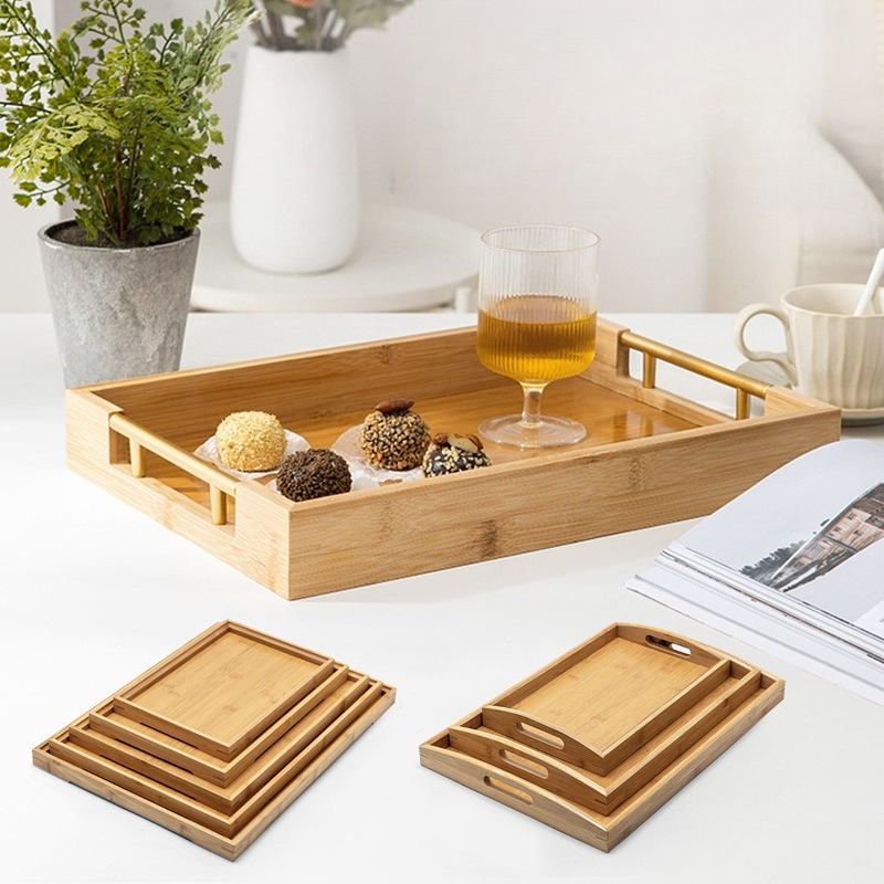 Food Platter Snacks - ชุดถาดเสิร์ฟไม้ไผ่ธรรมชาติ ถาดชาไม้ทรงสี่เหลี่ยม ถาดอาหารพร้อมหูจับ ถาดใส่ขนม ผลไม้ ของตกแต่งโต๊ะน้ำชา